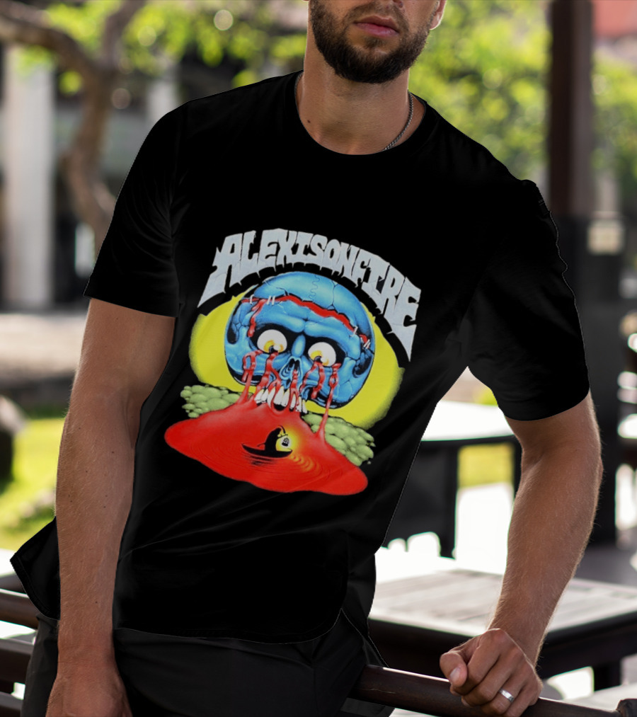 Alexisonfire Skull Island Creepy Blue Skull With Red Eyes And Boat T-Shirt