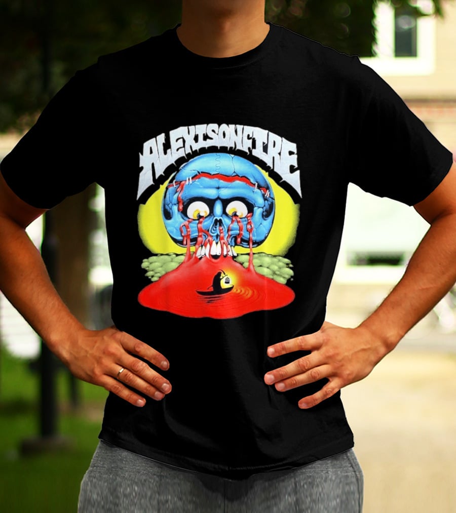 Alexisonfire Skull Island Creepy Blue Skull With Red Eyes And Boat T-Shirt