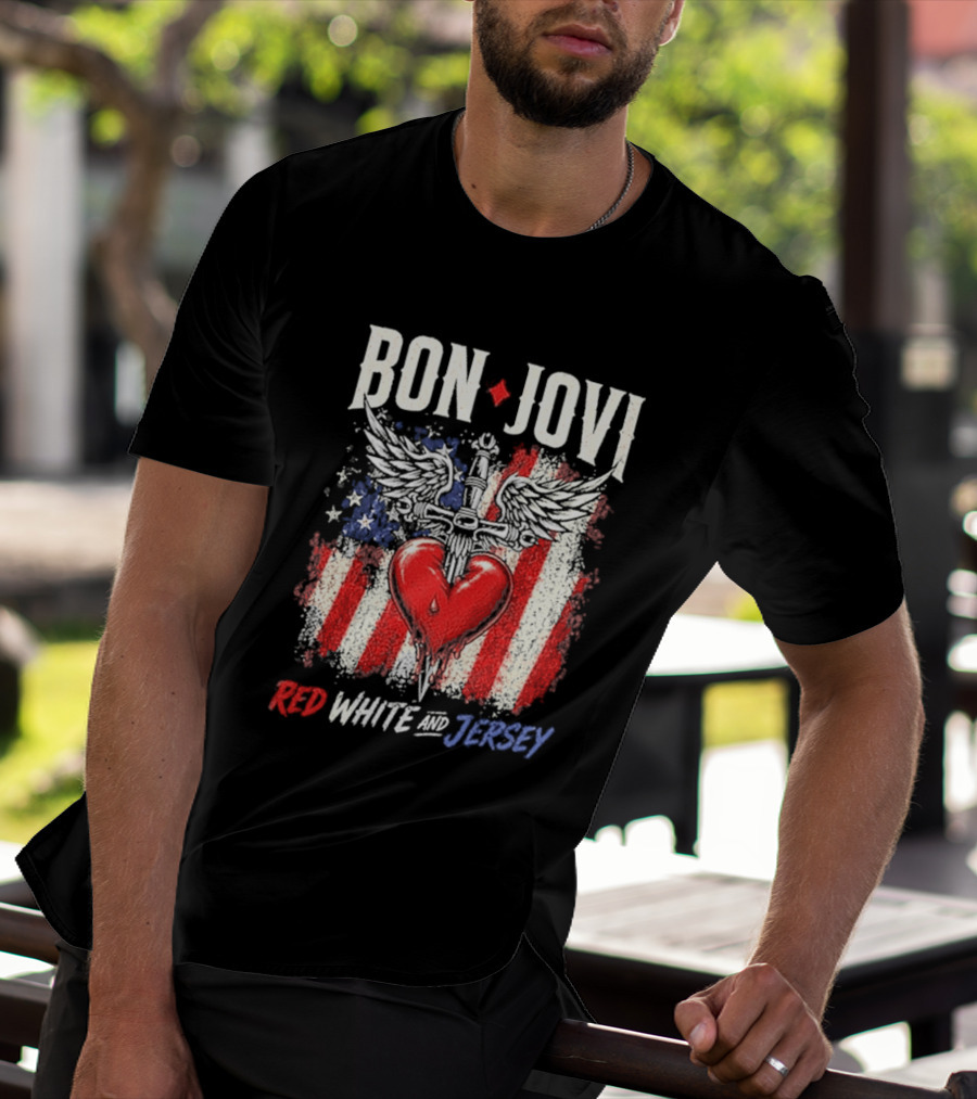 Bon Jovi Red White Jersey Heart And Dagger American Flag T-Shirt