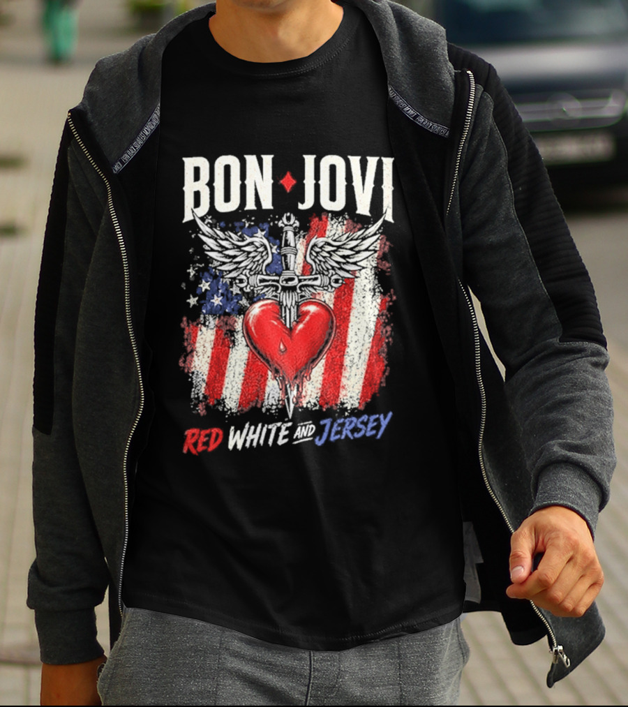 Bon Jovi Red White Jersey Heart And Dagger American Flag T-Shirt