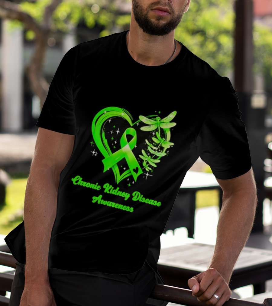 Chronic Kidney Disease Awareness Green Ribbon Heart And Dragonfly T-Shirt