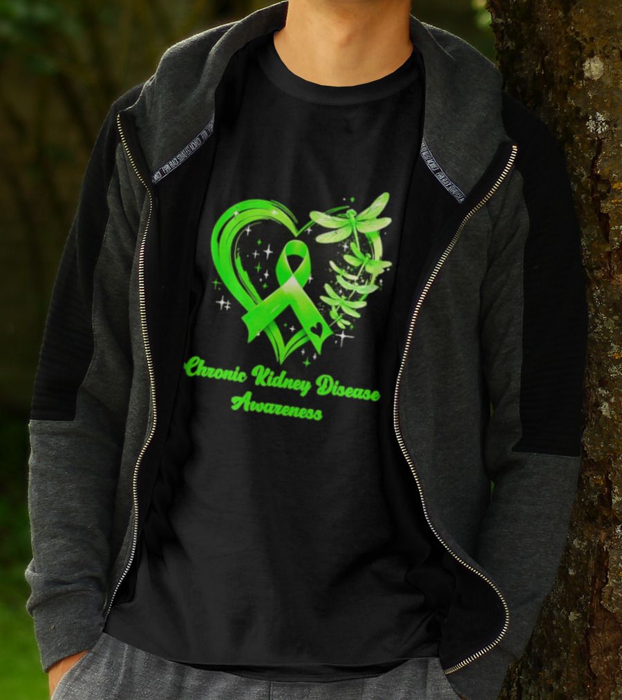 Chronic Kidney Disease Awareness Green Ribbon Heart And Dragonfly T-Shirt