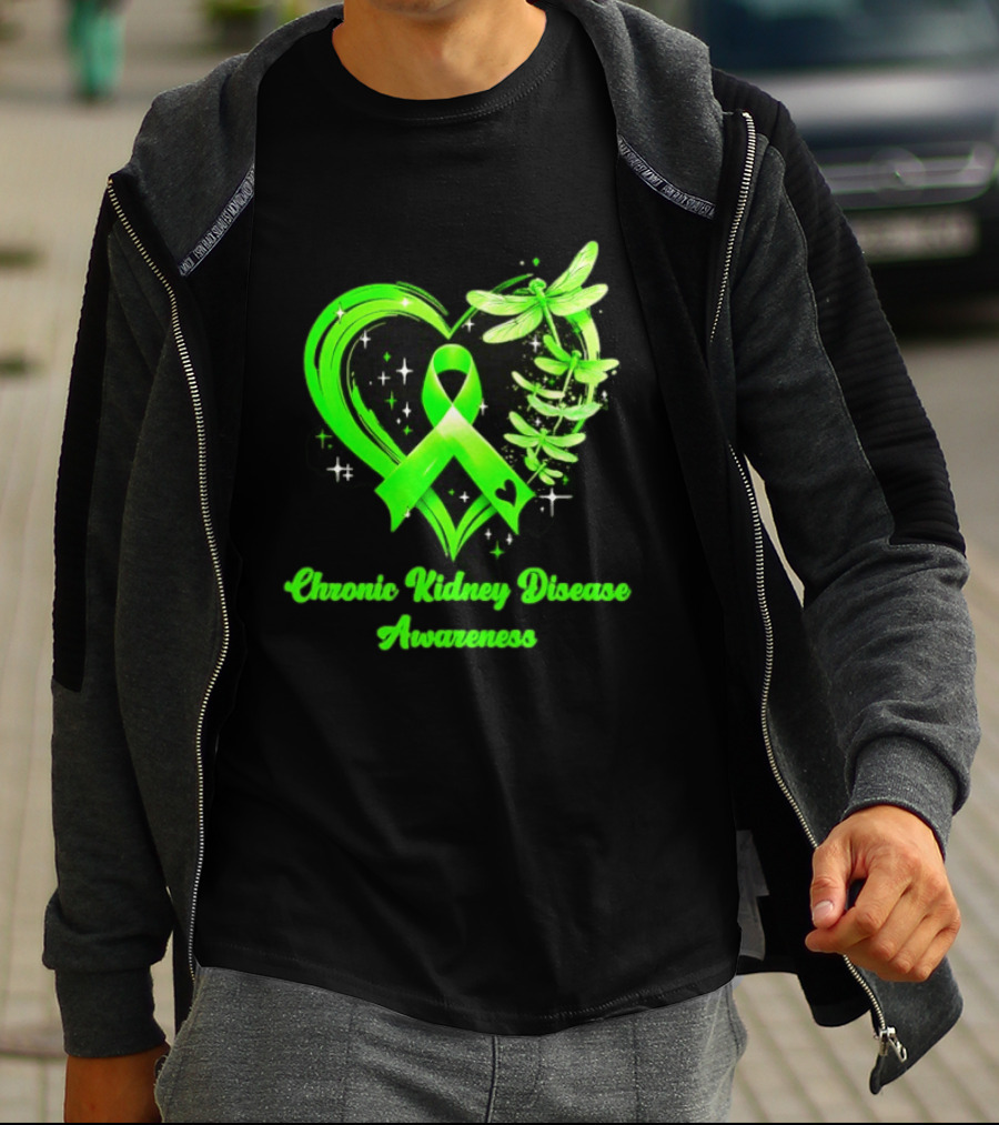 Chronic Kidney Disease Awareness Green Ribbon Heart And Dragonfly T-Shirt
