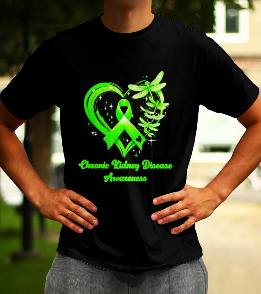 Chronic Kidney Disease Awareness Green Ribbon Heart And Dragonfly T-Shirt