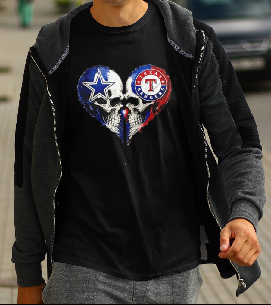 Dallas Cowboys Star And Texas Rangers Skull Heart T-Shirt