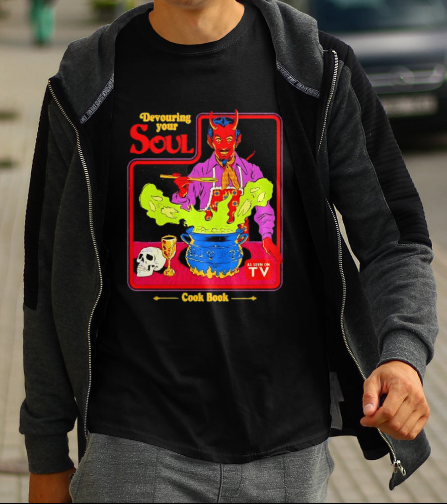 Devouring Your Soul Cook Book Steven Rhodes Retro Devil Cooking As Seen On TV Horror T-Shirt