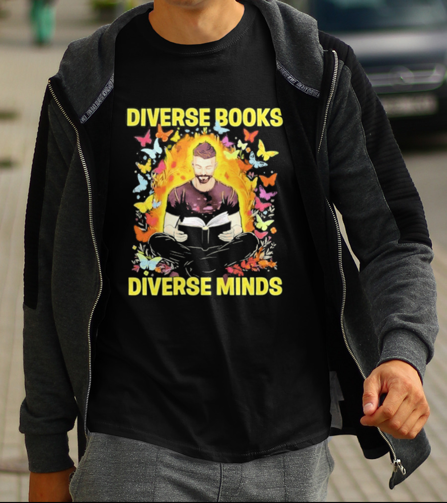 Diverse Books Diverse Minds Reading Book Lover With Colorful Butterfly Motif T-Shirt