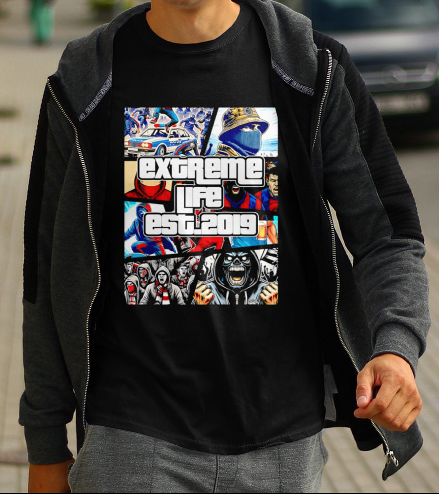 Extreme Life Est 2019 Football Hooligan Collage T-Shirt