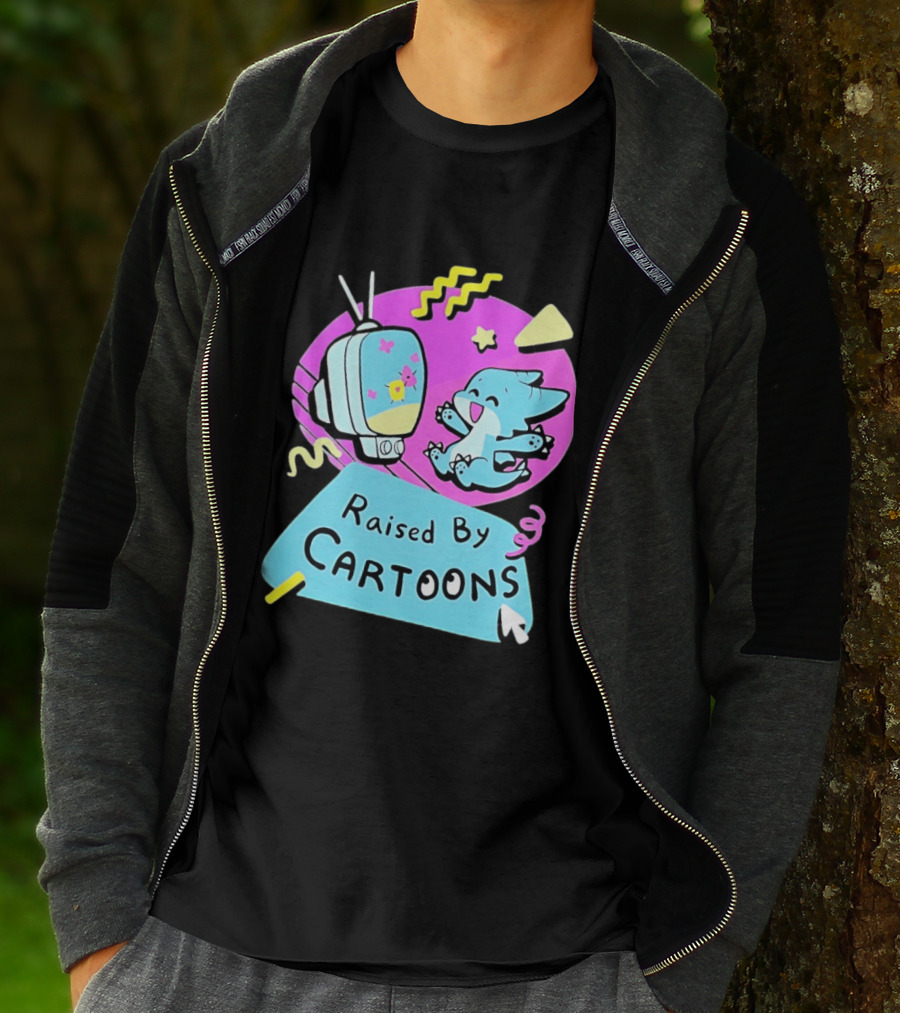 Raised By Cartoons Nostalgia 90s Kid Cartoon Lover Retro TV And Playful Puppy Scene T-Shirt