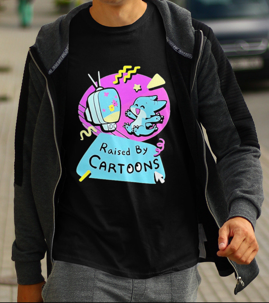 Raised By Cartoons Nostalgia 90s Kid Cartoon Lover Retro TV And Playful Puppy Scene T-Shirt