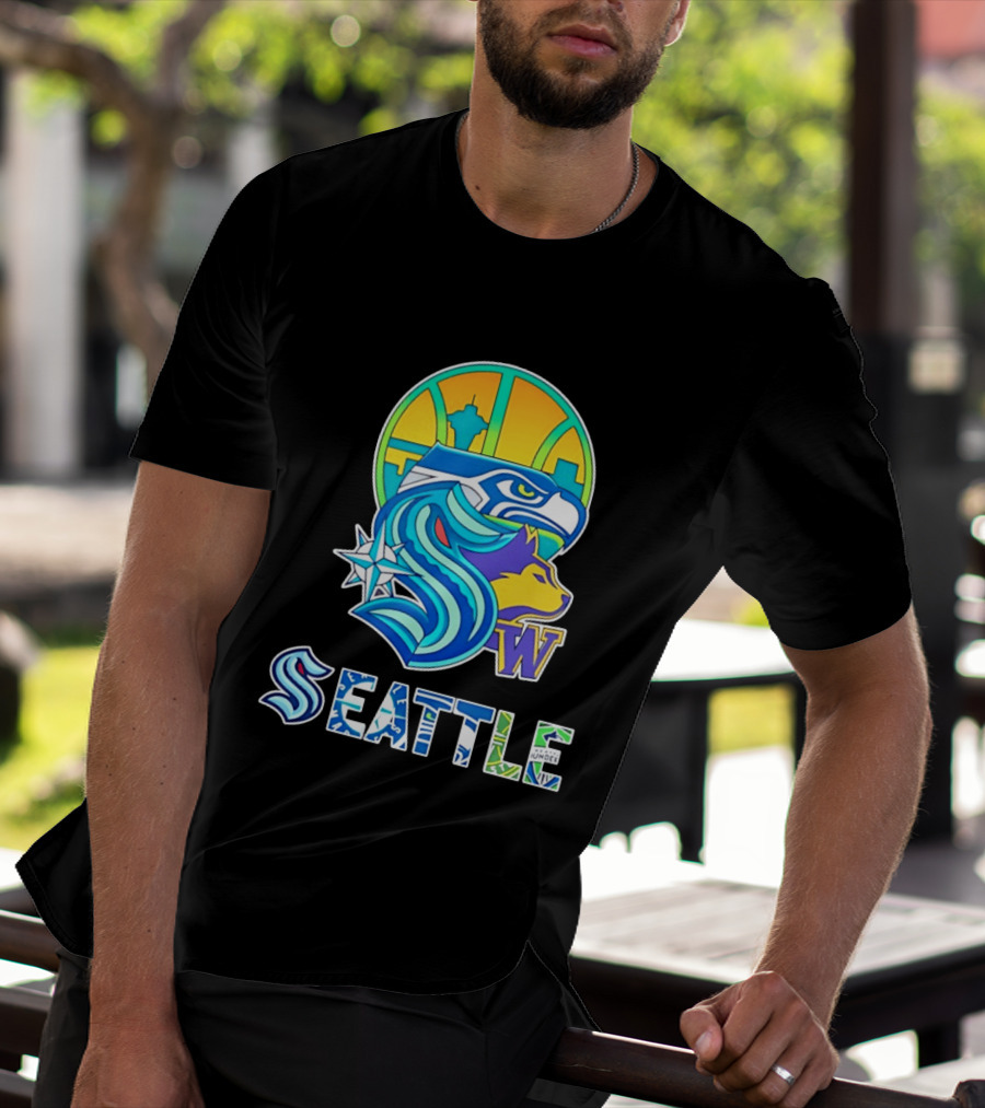 Seattle Seahawks Washington Huskies Skyline Collage With Space Needle And Compass Rose T-Shirt