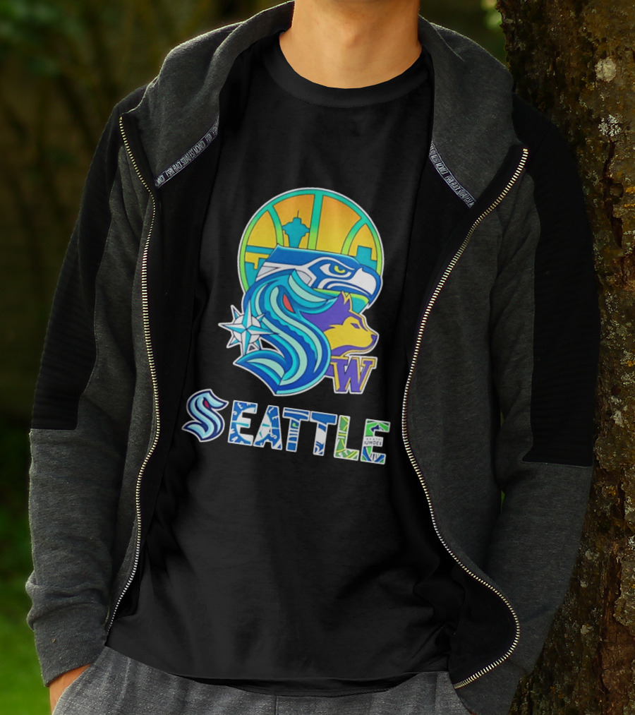 Seattle Seahawks Washington Huskies Skyline Collage With Space Needle And Compass Rose T-Shirt