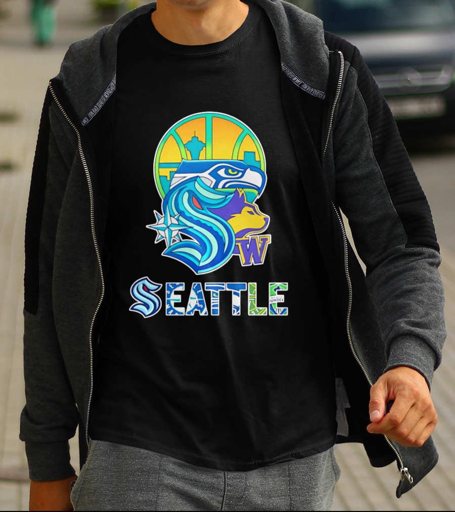 Seattle Seahawks Washington Huskies Skyline Collage With Space Needle And Compass Rose T-Shirt