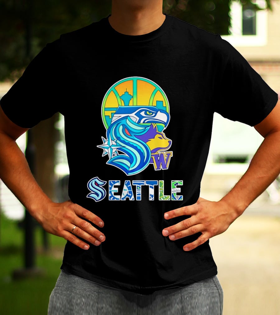 Seattle Seahawks Washington Huskies Skyline Collage With Space Needle And Compass Rose T-Shirt