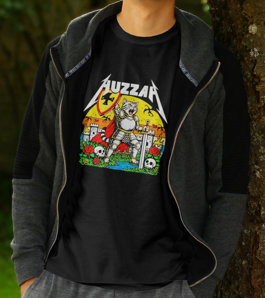 Huzzah Cat Knight Medieval Fantasy With Shield And Sword In Castle Scene T-Shirt