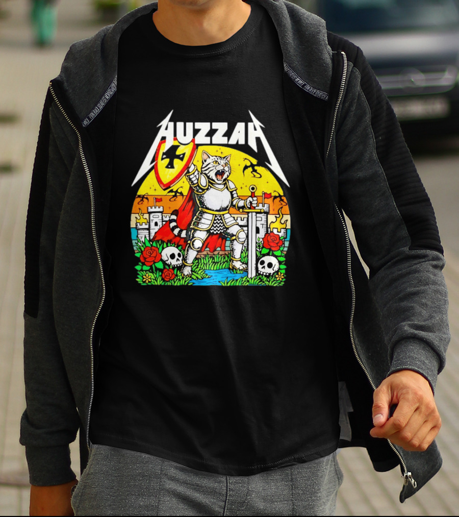 Huzzah Cat Knight Medieval Fantasy With Shield And Sword In Castle Scene T-Shirt