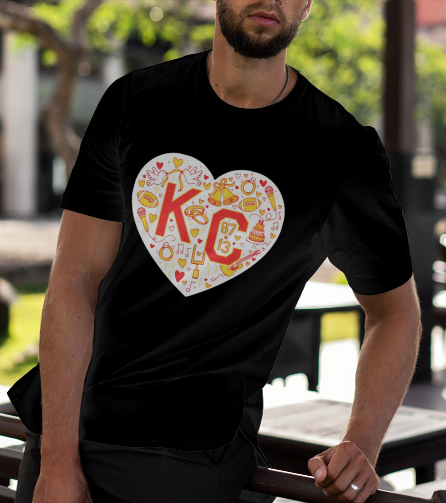 KC 87 13 Heart With Football Rings Music Bells Cake And Guitar T-Shirt