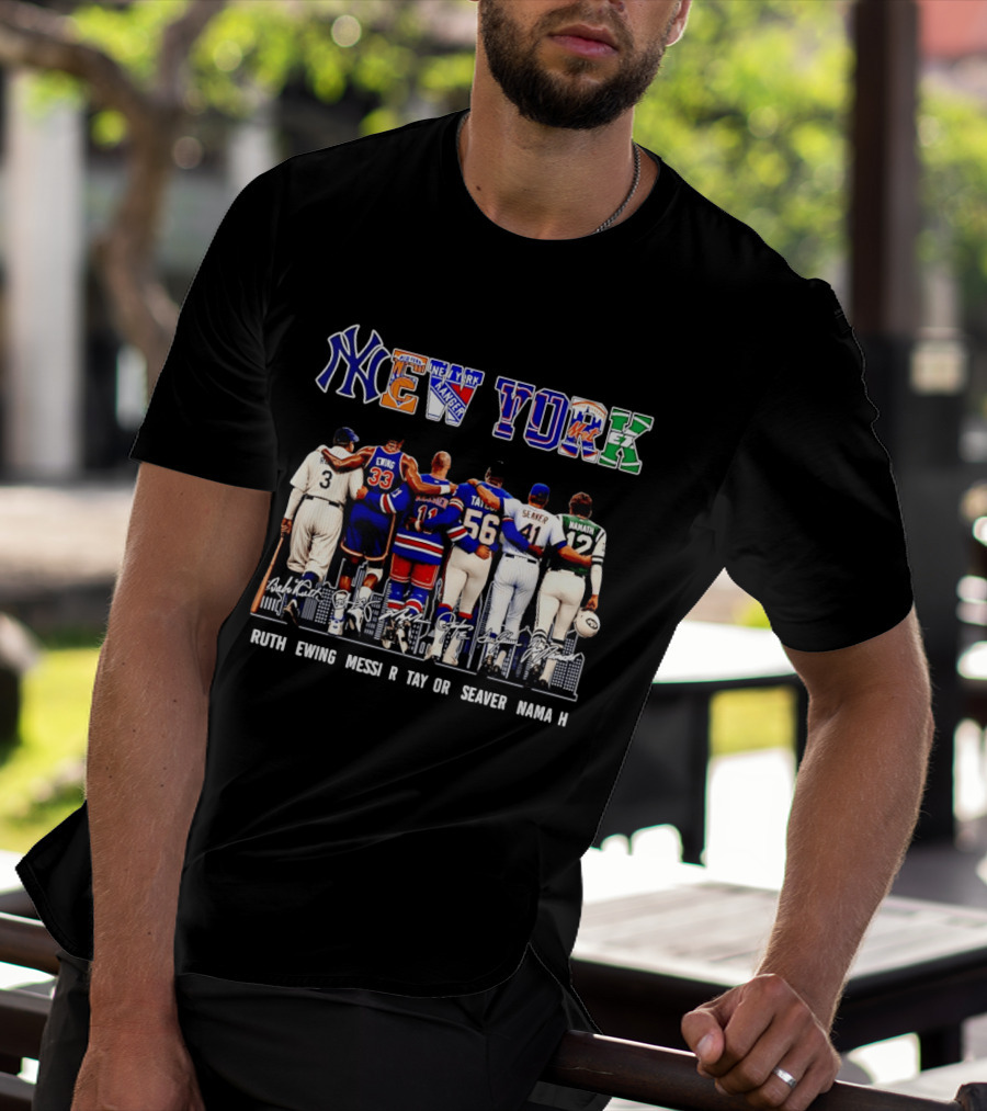 NY Sports Legends New York Yankees Knicks Rangers Mets Giants Jets Ruth Ewing Messier Taylor Seaver Namath T-Shirt