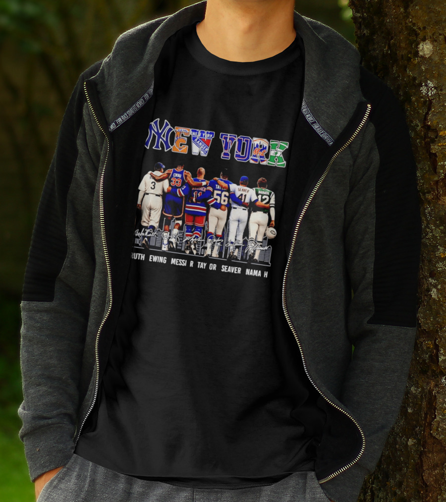 NY Sports Legends New York Yankees Knicks Rangers Mets Giants Jets Ruth Ewing Messier Taylor Seaver Namath T-Shirt