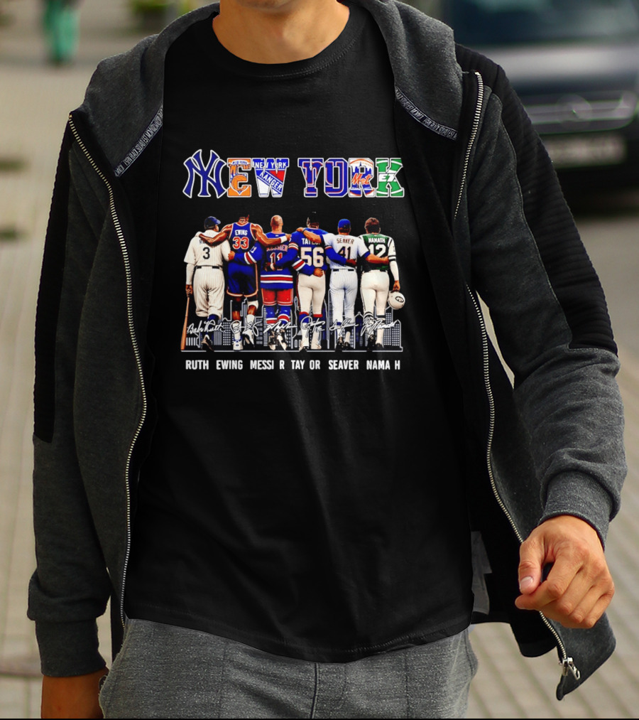NY Sports Legends New York Yankees Knicks Rangers Mets Giants Jets Ruth Ewing Messier Taylor Seaver Namath T-Shirt