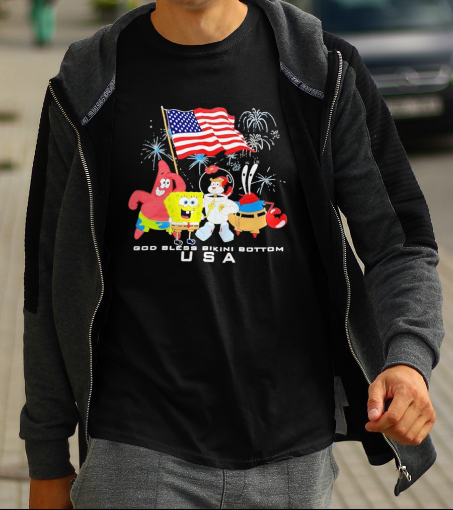 God Bless Bikini Bottom USA Sponge 4th Of July Celebration T-Shirt