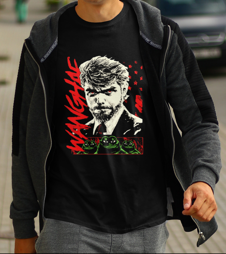 Wangyae Distressed Frogs With Intense Bearded Man And Red Accents T-Shirt
