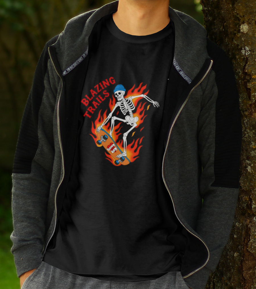 Blazing Trails Skate Or Die Skeleton Flaming Skateboard T-Shirt