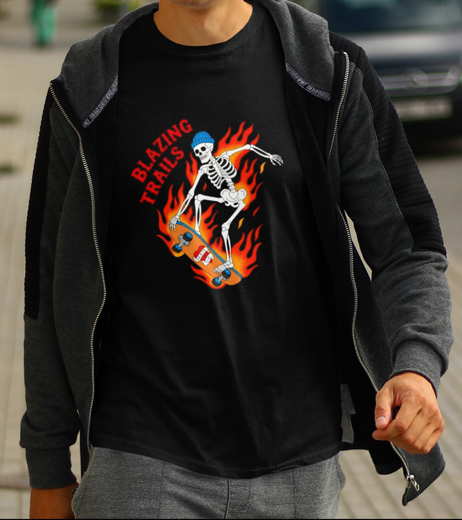 Blazing Trails Skate Or Die Skeleton Flaming Skateboard T-Shirt