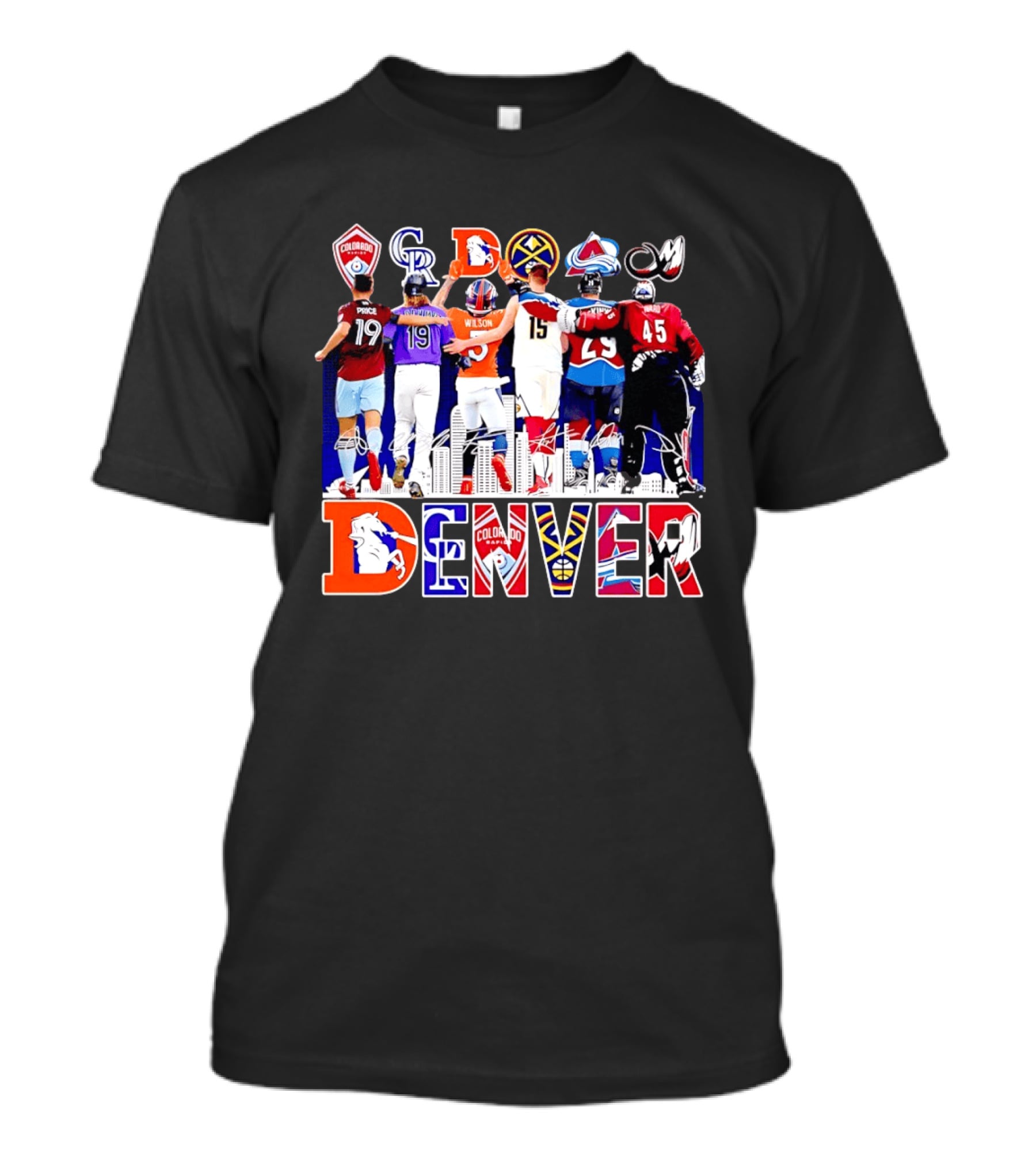 Denver Colorado Sports Collage With Price Wilson Skyline And Team Logos T-Shirt