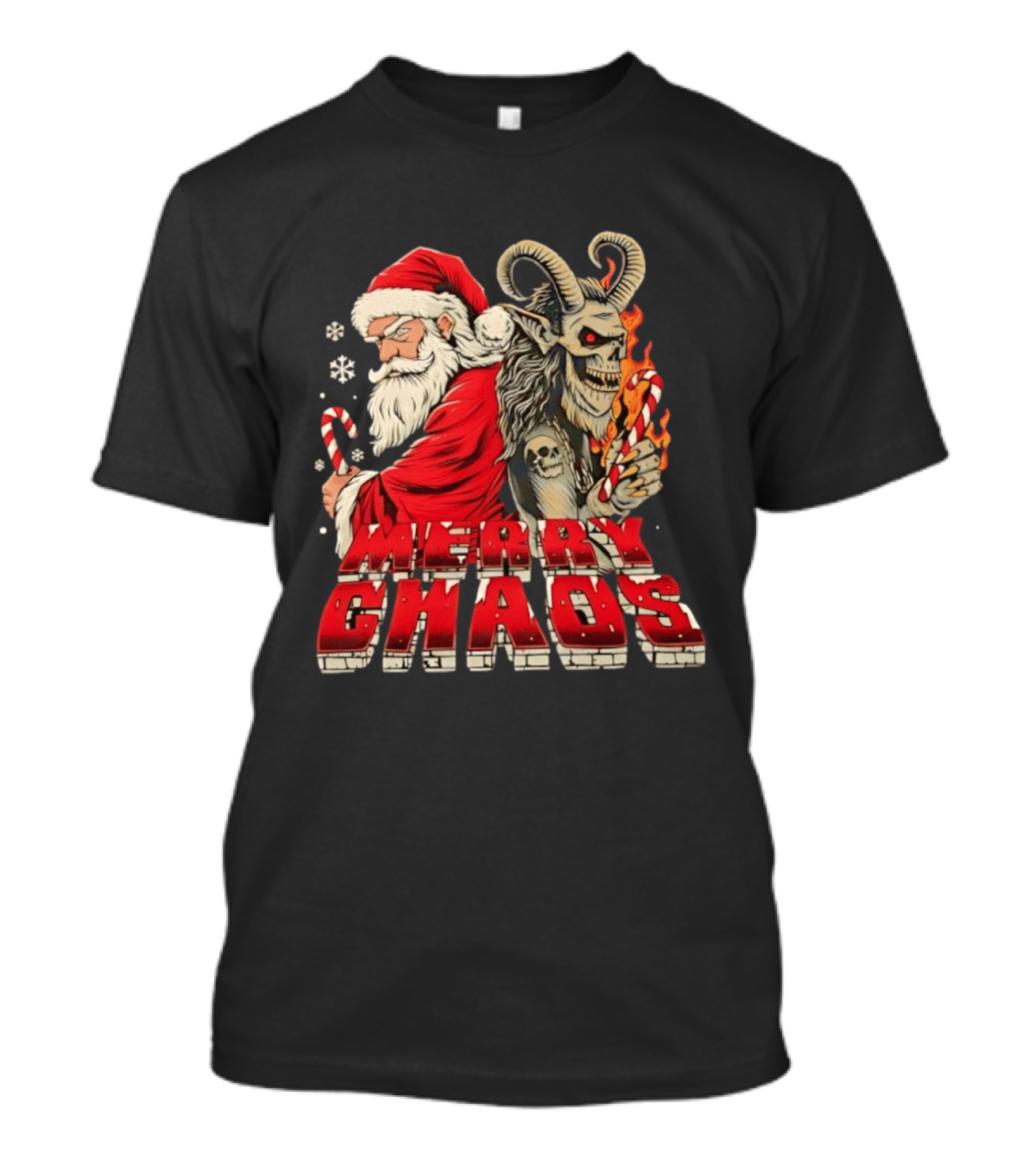 Merry Chaos Santa And Krampus Candy Cane Flames Christmas T-Shirt
