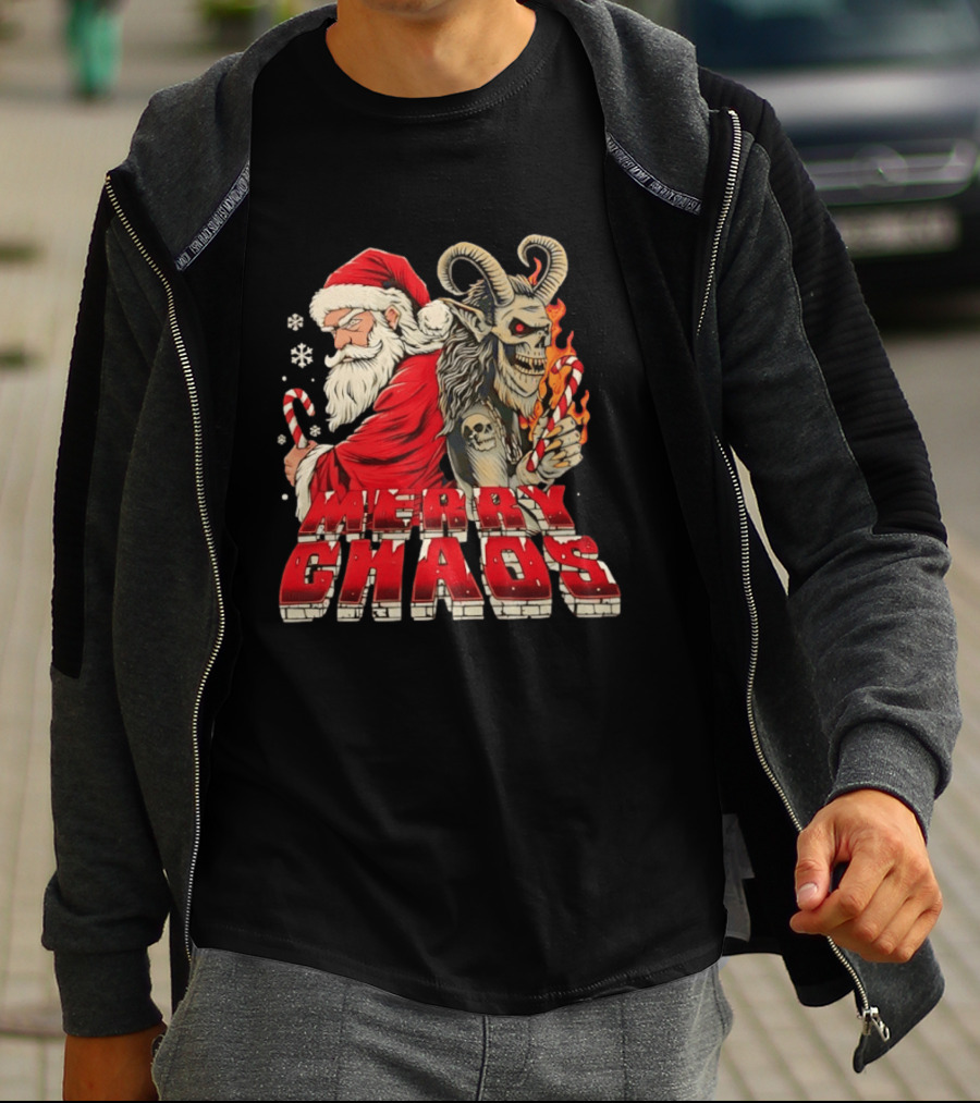 Merry Chaos Santa And Krampus Candy Cane Flames Christmas T-Shirt