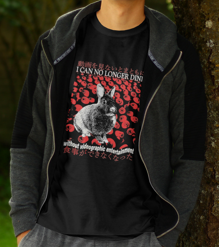 I Can No Longer Dine Without Videographic Entertainment Rabbit Surrounded By Red Roses T-Shirt