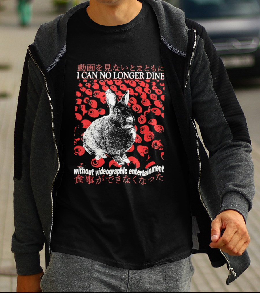 I Can No Longer Dine Without Videographic Entertainment Rabbit Surrounded By Red Roses T-Shirt