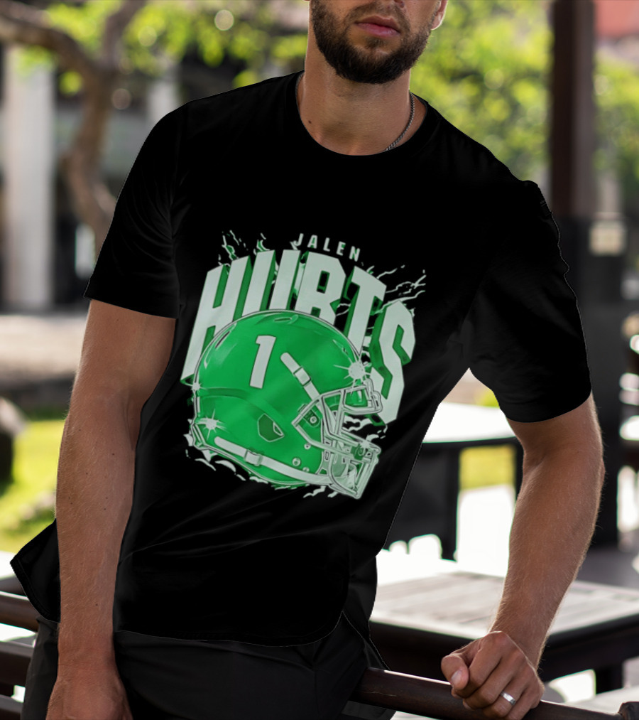Jalen Hurts 1 Philadelphia Eagles Green Helmet Football T-Shirt