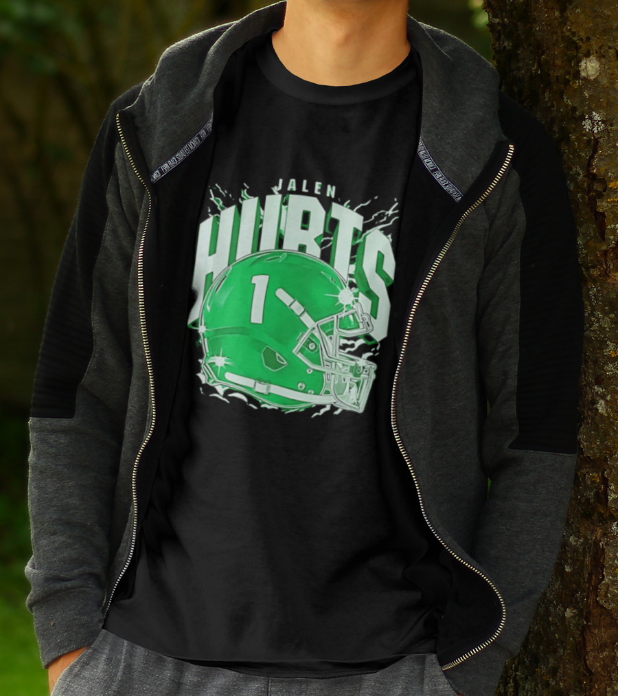 Jalen Hurts 1 Philadelphia Eagles Green Helmet Football T-Shirt