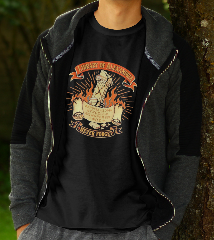 Library Of Alexandria Never Forget Alitheia Sophia Gnosis Ancient Knowledge Flame Pillar T-Shirt