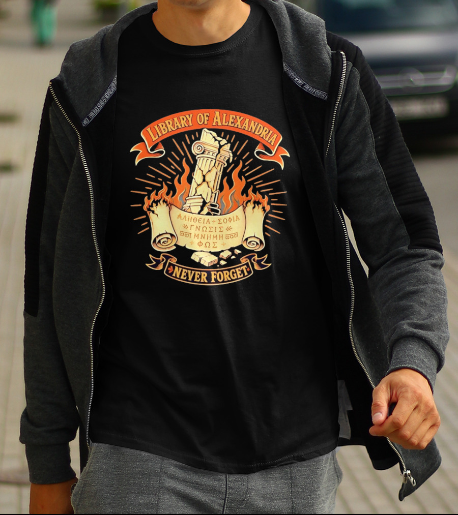 Library Of Alexandria Never Forget Alitheia Sophia Gnosis Ancient Knowledge Flame Pillar T-Shirt