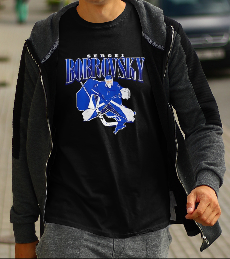 Sergei Bobrovsky Hockey Goalie Blue And White Skater T-Shirt
