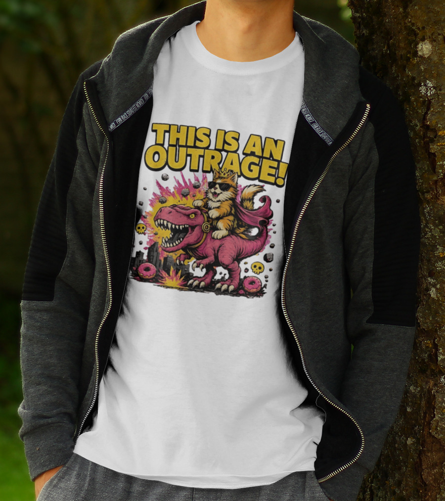 This Is An Outrage Cat King With Sunglasses Riding A Pink Rex With Explosions And Donuts T-Shirt