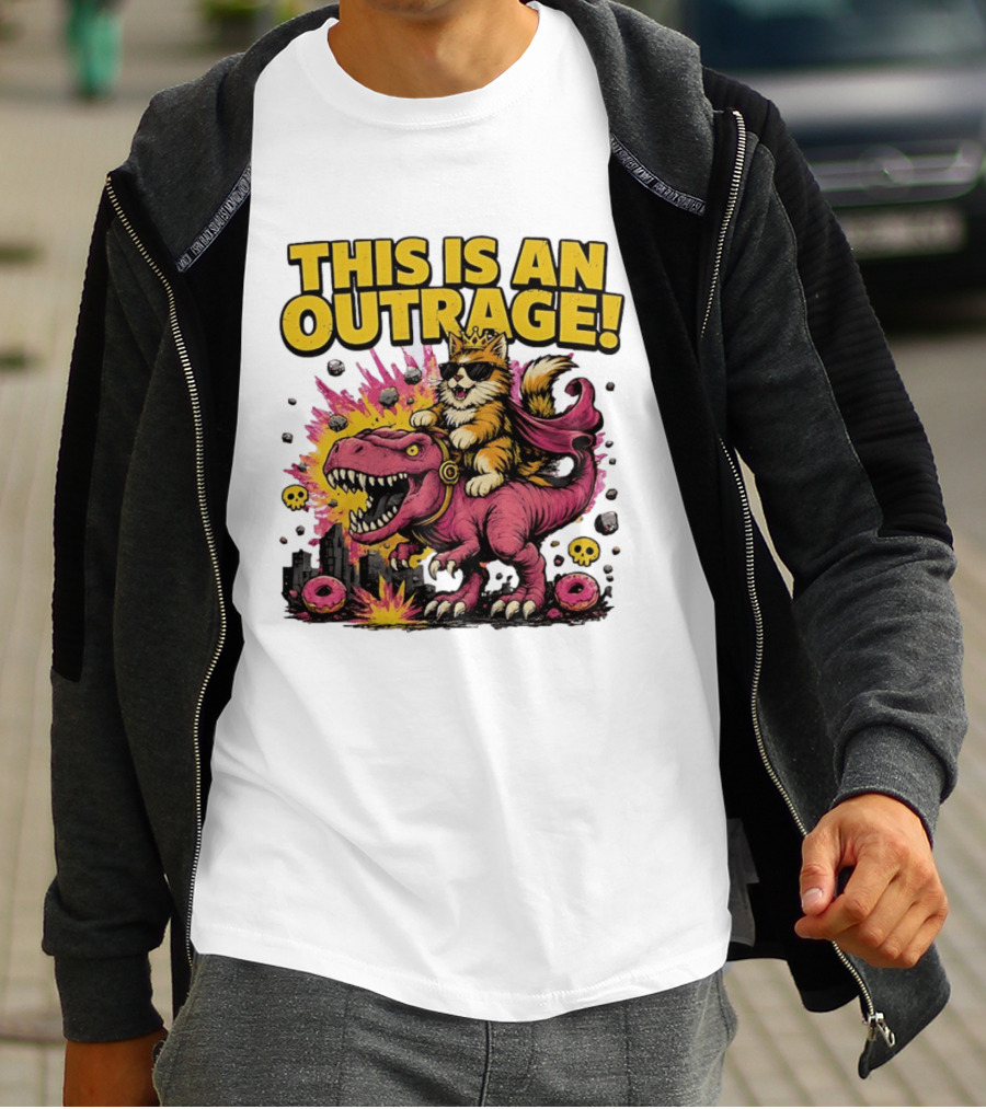 This Is An Outrage Cat King With Sunglasses Riding A Pink Rex With Explosions And Donuts T-Shirt
