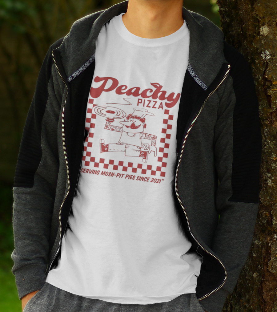 Peachy Pizza Serving Mosh Pit Pies Since 2021 Checkerboard Comic T-Shirt