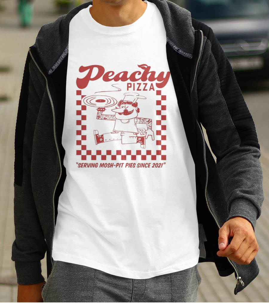 Peachy Pizza Serving Mosh Pit Pies Since 2021 Checkerboard Comic T-Shirt