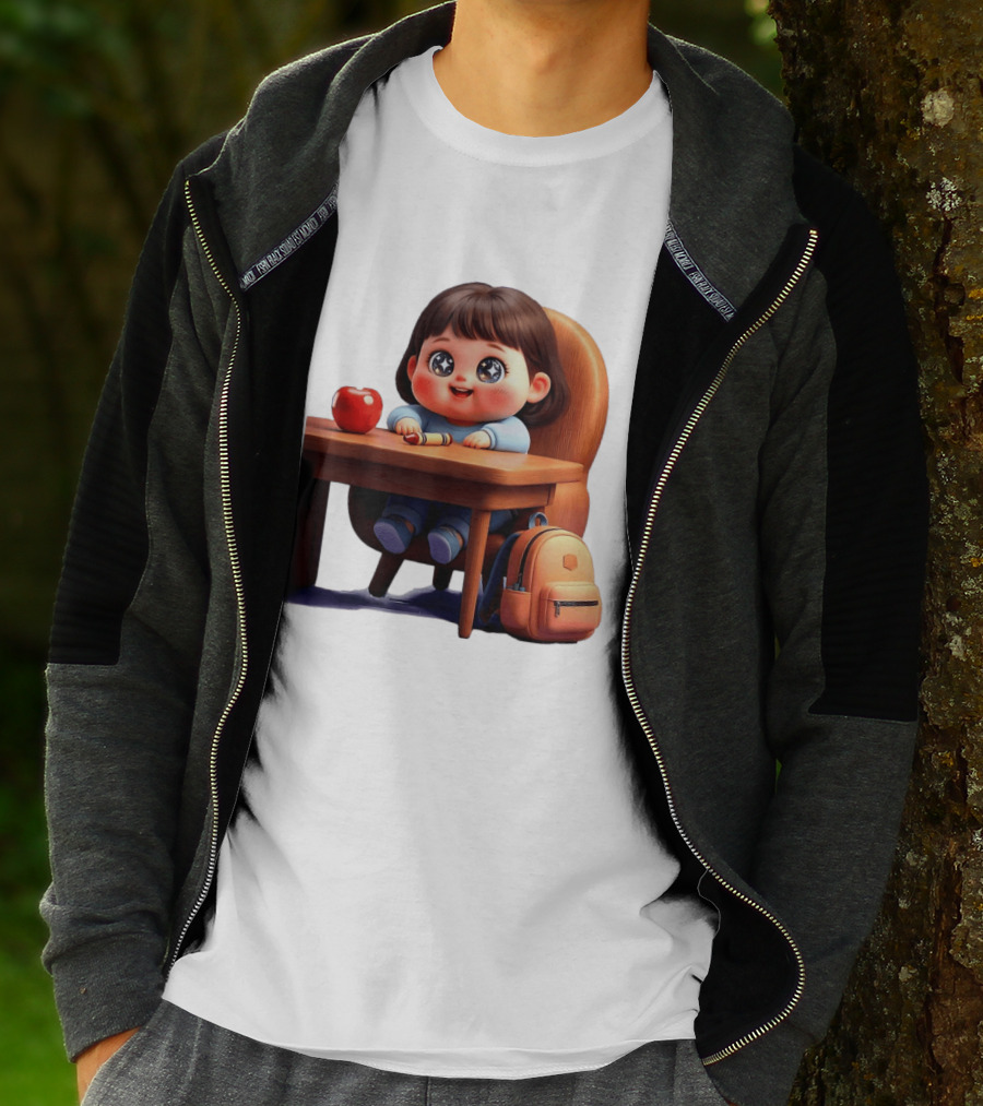 Cartoon Girl With Apple Backpack At Desk T-Shirt