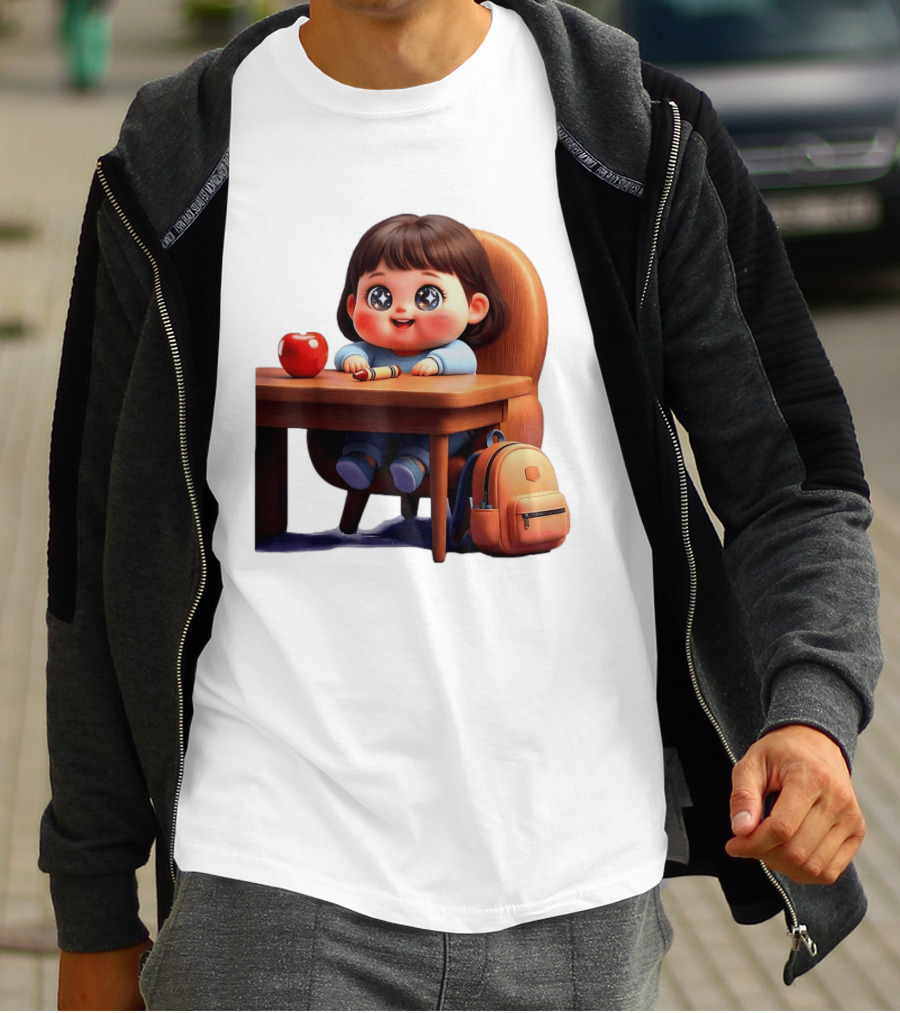 Cartoon Girl With Apple Backpack At Desk T-Shirt