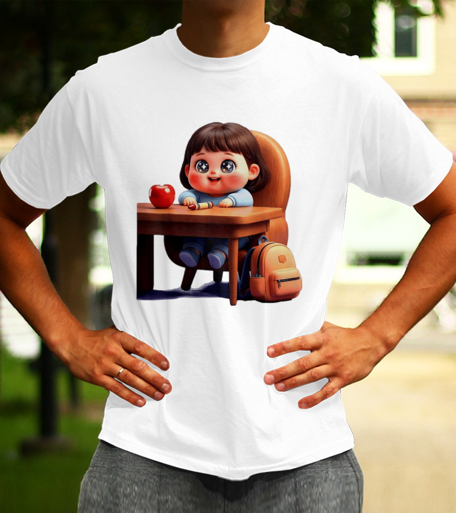 Cartoon Girl With Apple Backpack At Desk T-Shirt