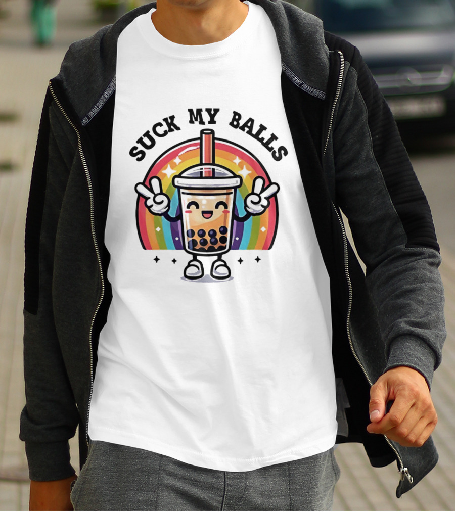 Suck My Balls Boba Tea Rainbow Peace Sign T-Shirt