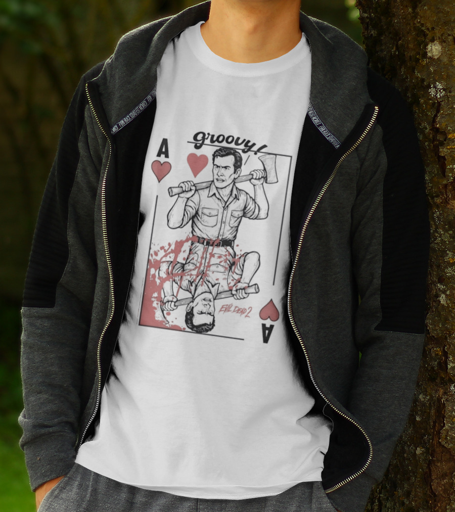 Groovy Ash Evil Dead 2 Ace Of Hearts Chainsaw Playing Card T-Shirt