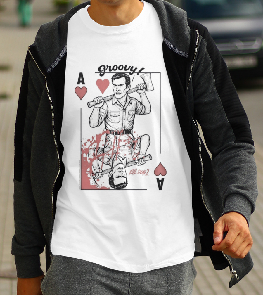 Groovy Ash Evil Dead 2 Ace Of Hearts Chainsaw Playing Card T-Shirt