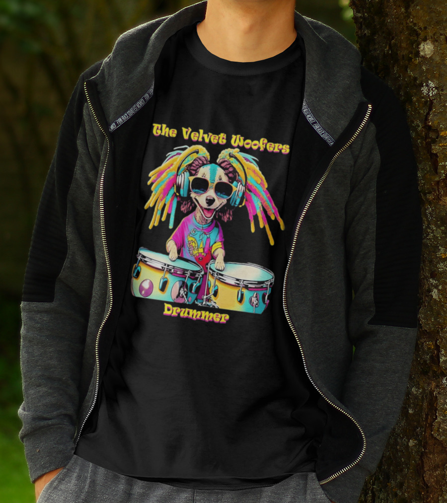 The Velvet Woofers Drummer Dog Colorful Cool Canine With Headphones And Drums T-Shirt