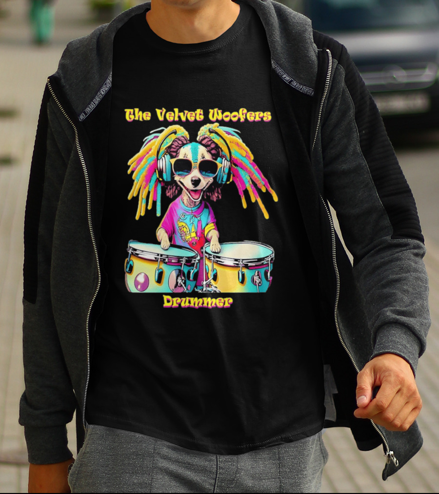 The Velvet Woofers Drummer Dog Colorful Cool Canine With Headphones And Drums T-Shirt